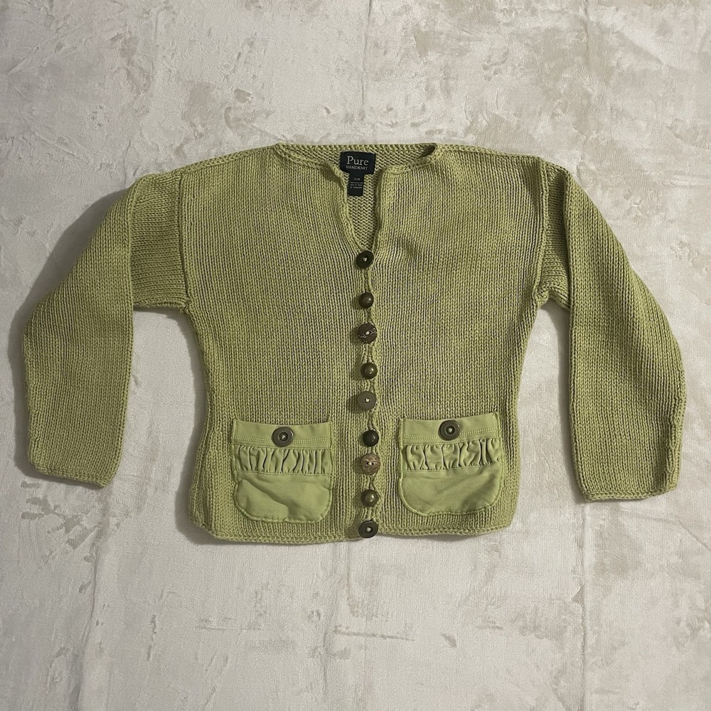 Pure Handknit Chunky Cotton Knit Big Button Cardigan Sweater‎ Womens S/M Green